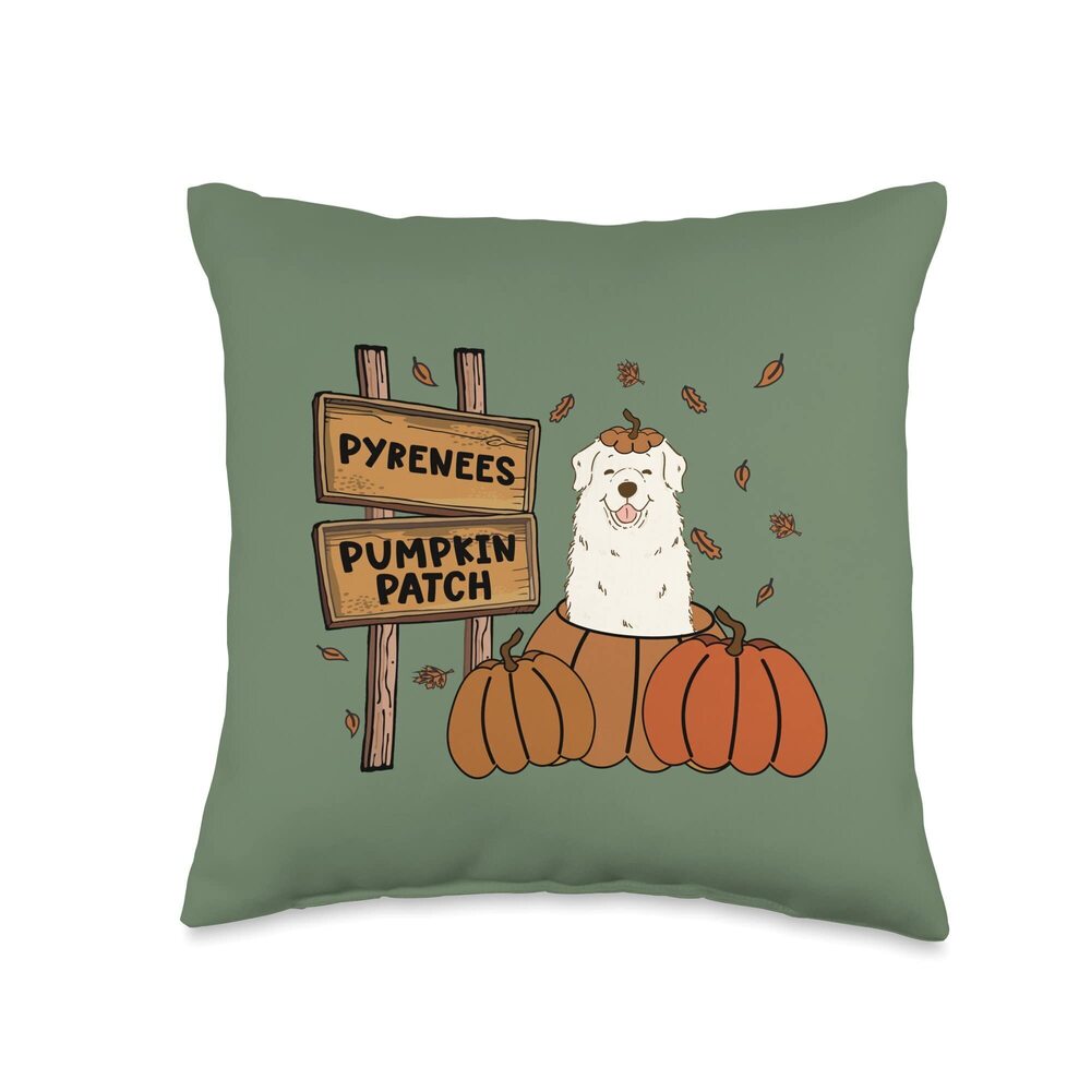 2252 Great Pyrenees Pumpkin Patch Dog Thanksgiving Halloween Throw Pillow